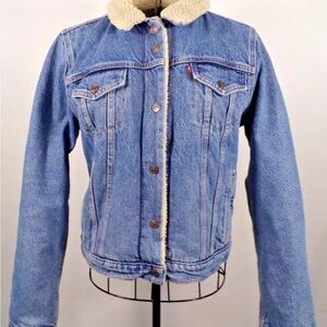 Levis Jean Jacket Womens Size M Blue Denim Sherpa Lined Red Tab Trucker Fitted